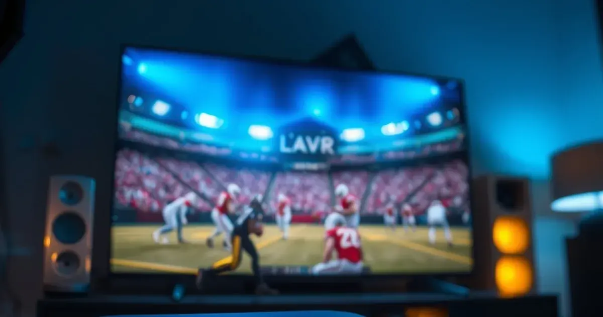 A streaming box connected to a TV showing a sharp 4K sports broadcast in a dark, moodily lit room