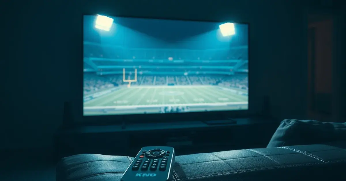 A dark living room lit by the blue glow of a TV streaming a college football game at night, remote control on the couch in the foreground