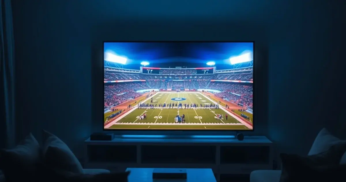 A dark living room at night lit by a TV showing a multi-view split screen of two college football games under stadium lights
