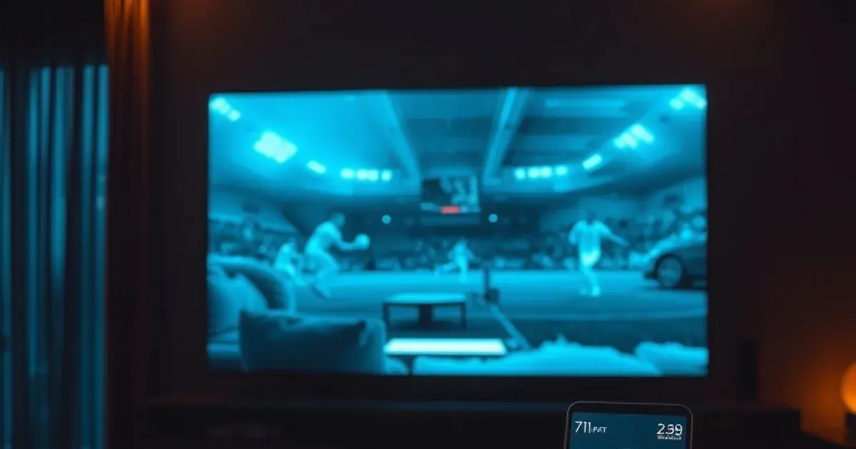 A dark living room where a TV shows a buffering sports stream while a phone on the table displays a speed test comparison