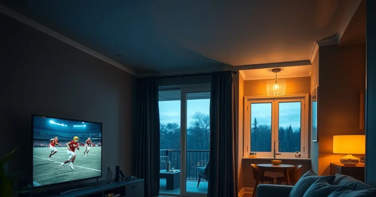 A dark, cinematic view through a modern home showing a glowing television in the living room and additional screens glowing softly in a bedroom and kitchen in the background, representing multiple family members streaming at once