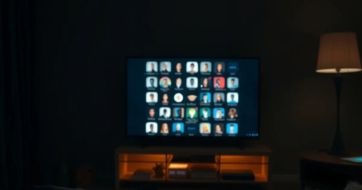 A dark, cozy living room at night with a glowing TV showing multiple profile icons, surrounded by a tablet, phone, and game console each lit up, representing a family sharing one IPTV subscription across devices