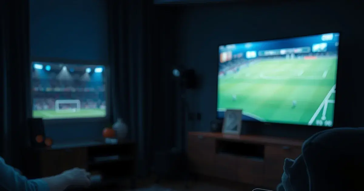 A dim home theater lit by a live sports broadcast, with a magnifying glass over subscription papers on a side table