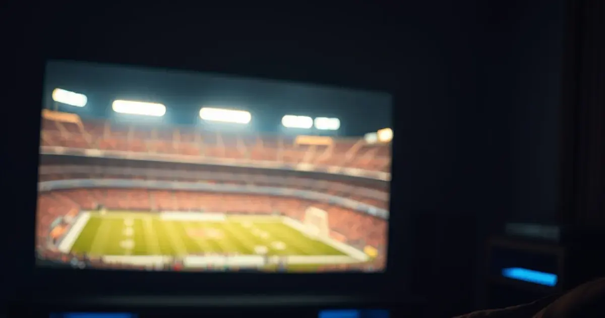 Dark living room at night with a TV glowing with stadium floodlights, a remote control resting nearby, evoking pre-kickoff anticipation