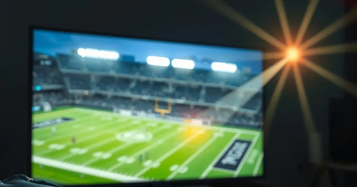A dark living room with a television glowing with a football field scene, viewed in cinematic evening lighting