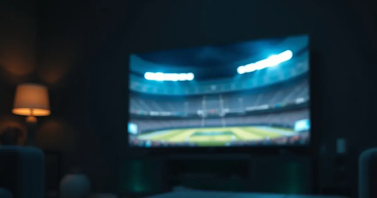 A Roku streaming device and remote on a console table with a stadium night game glowing on the TV screen behind it in a dark living room