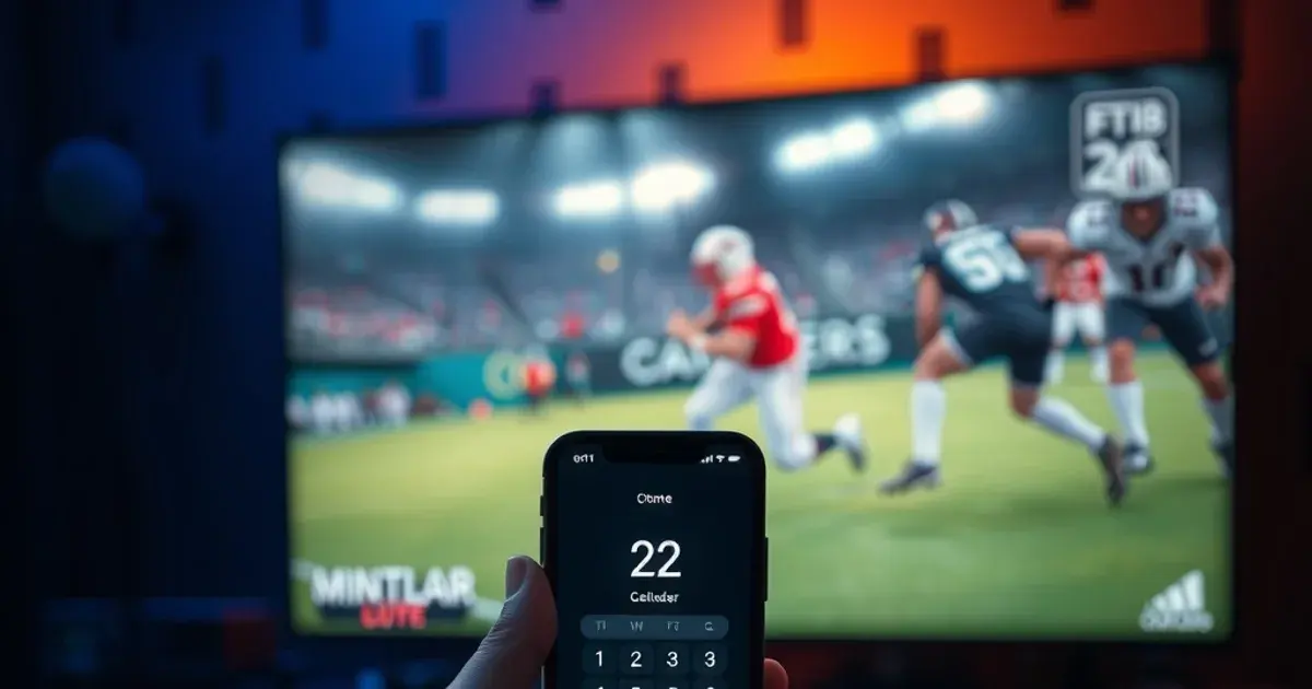 A hand holding a phone with a soft calculator glow beside a TV remote, with a dimly lit television playing live sports in the background