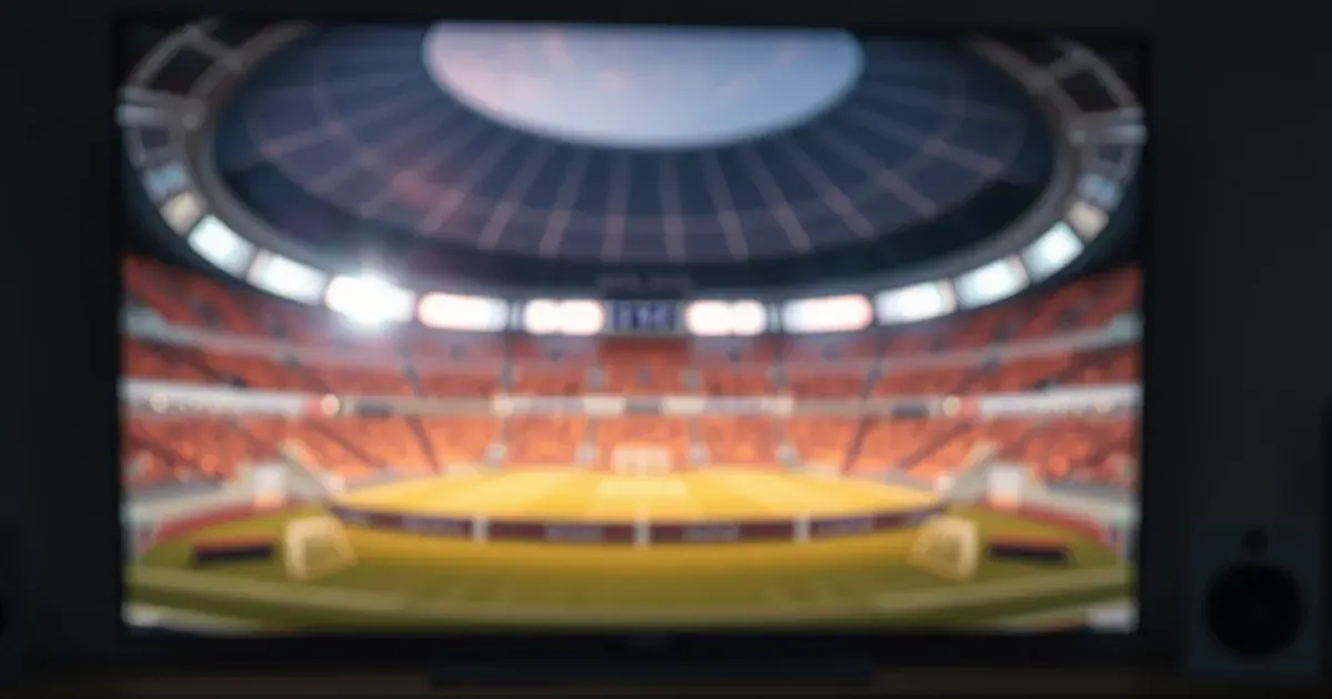 A remote control and phone on a dark table with a stadium night-game glow visible on a TV screen in the background