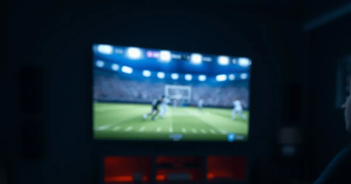 A dark home theater at night with a TV showing a live sports match and a tablet nearby displaying a channel guide