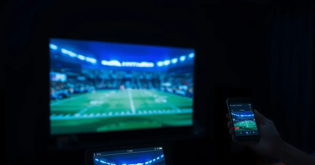 A dark home theater with a TV, tablet, and phone all streaming a football broadcast in sync, a hand holding a tablet with a signal meter, moody cinematic lighting