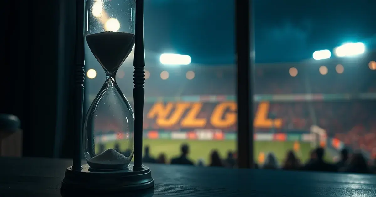 An hourglass on a dark desk with a football stadium's floodlights glowing faintly in the background, symbolizing the closing window to buy IPTV before NFL season starts