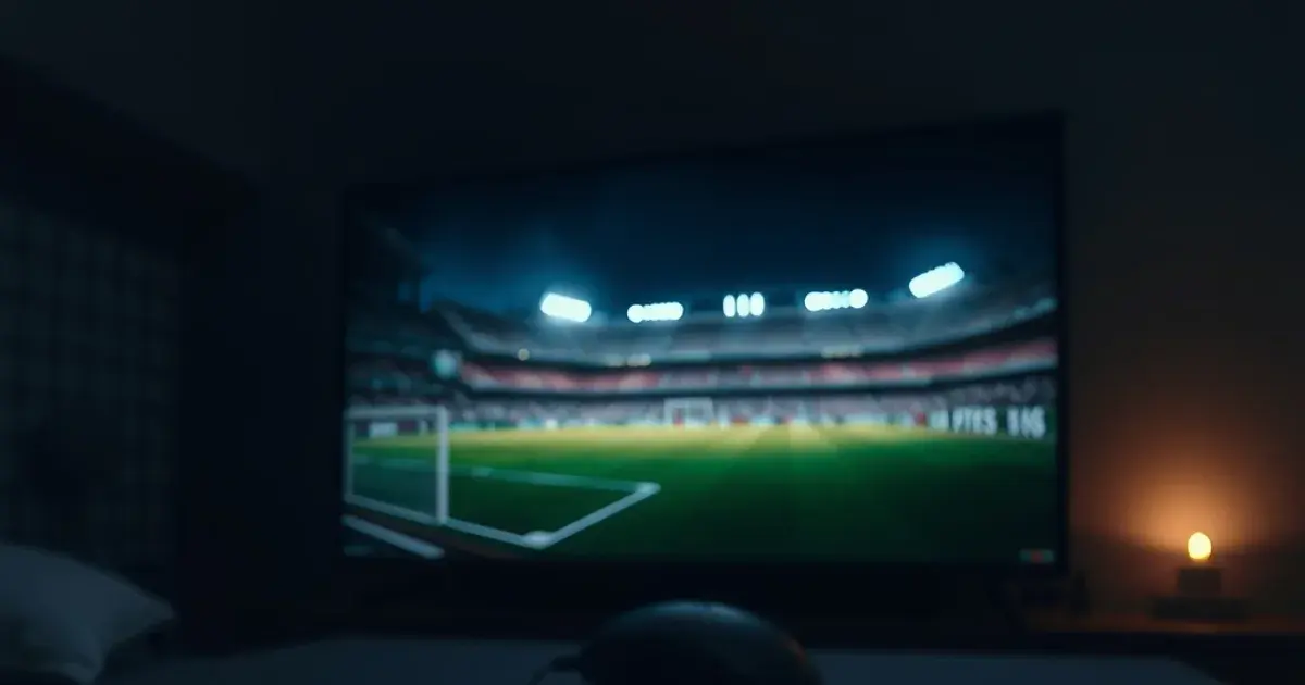 A remote control and phone showing a countdown timer on a dark table in front of a glowing TV displaying a night football stadium
