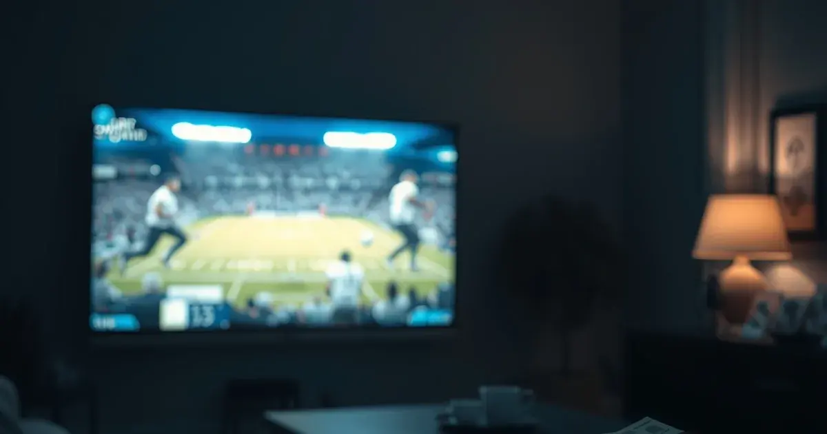 A dimly lit living room with a TV showing a football broadcast, a remote control and a small piggy bank on the table beside it