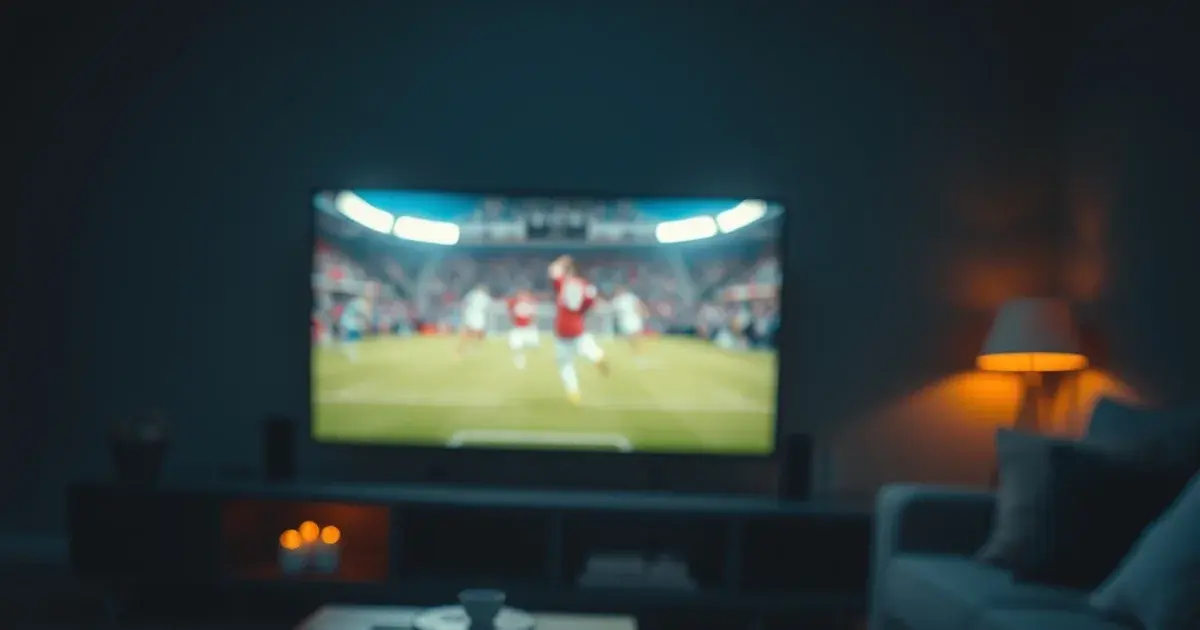 Dark living room lit by a TV streaming a football match, with a phone and a small stack of coins on the table beside a discarded cable bill