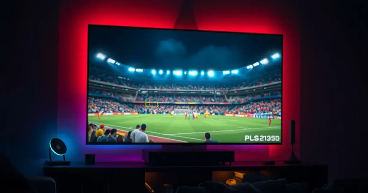 A PS5 and Xbox Series X glowing beneath a dark living room TV streaming a vivid 4K football broadcast at night