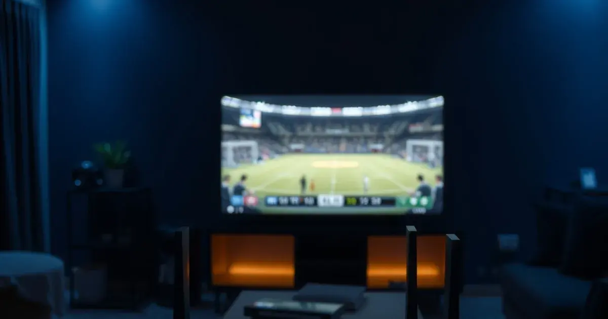 A dark living room lit by a TV showing live sports, with a glowing router in the foreground representing a home network being tested for streaming readiness