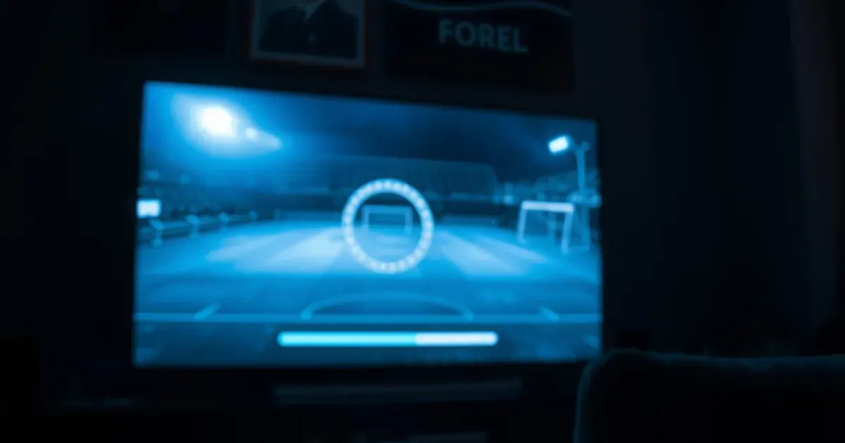 A dark living room at night with a TV showing a frozen, pixelated soccer broadcast mid-buffer and a glowing remote control on the couch armrest