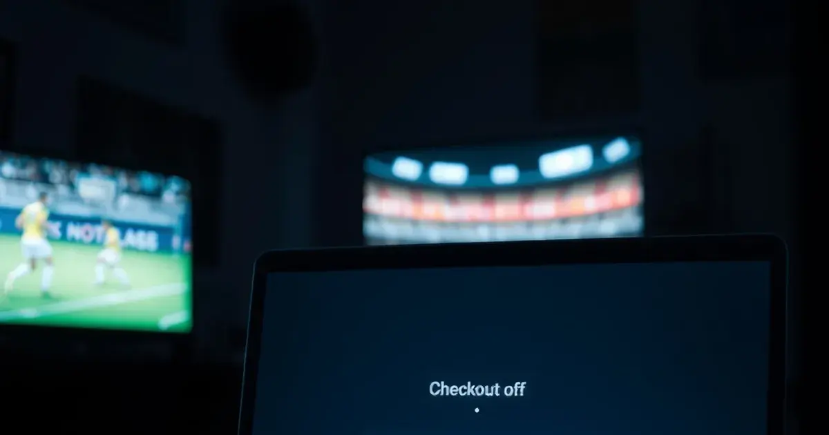 A laptop displaying a checkout screen with a promo code field, in a dark room with a football match glowing on a TV in the background