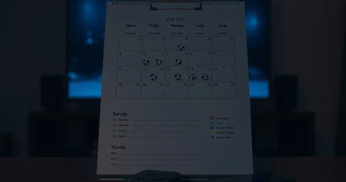 A remote control and phone beside a calendar marked with football dates, lit by the blue glow of a nearby television screen