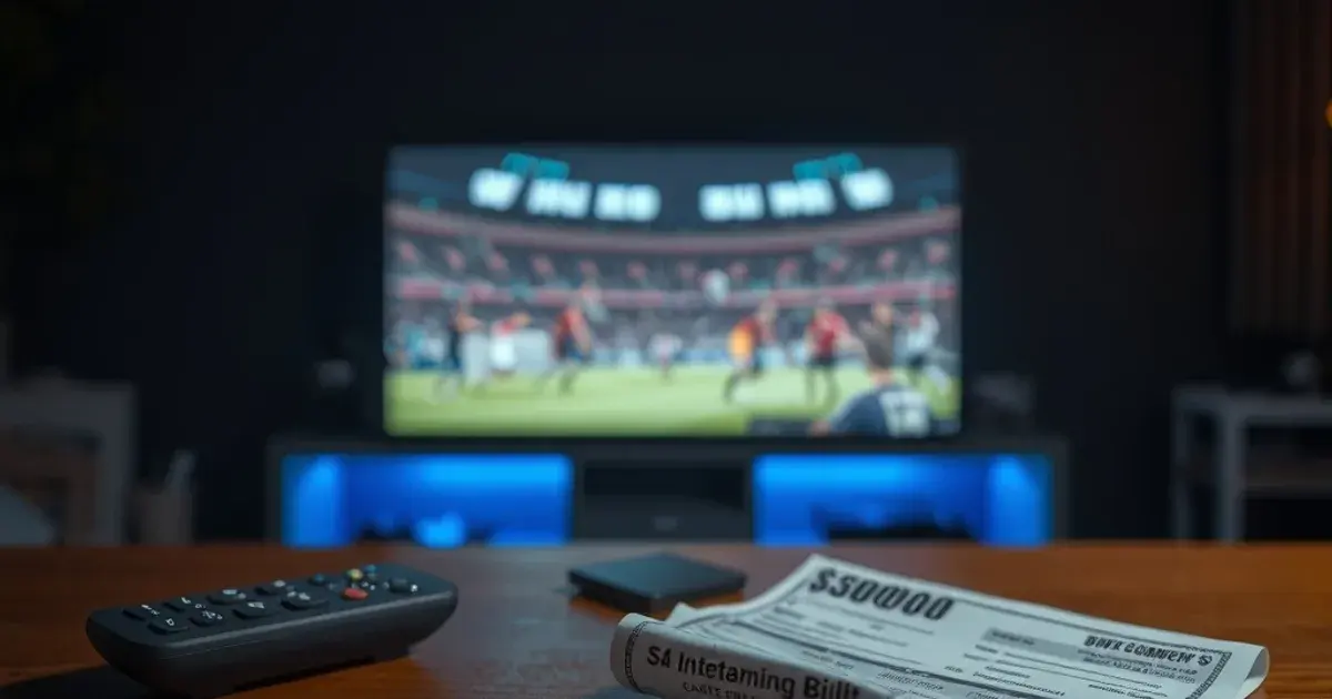 A dark living room at night lit by a TV, with cash, a torn cable bill, and a streaming remote arranged on a coffee table
