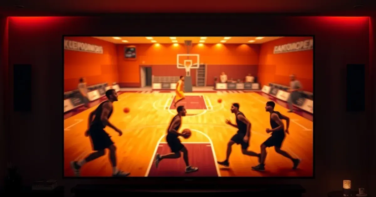Dark home theater at night with a 4K television showing the motion-blurred silhouette of a fast-break basketball play, a streaming device glowing nearby