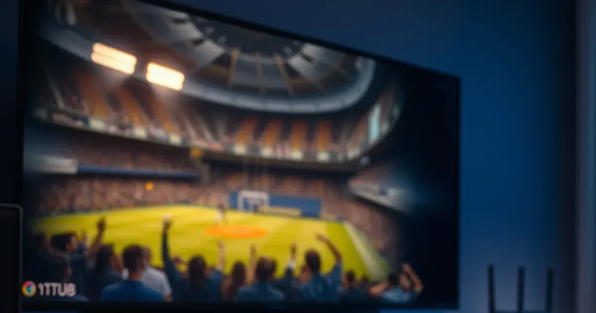 A premium black streaming media box glowing under a large TV displaying a live sports broadcast in a dark home theater setting
