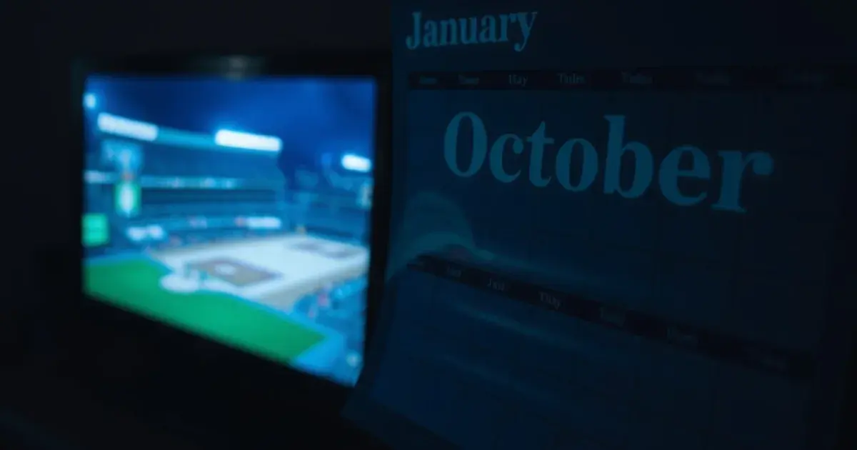 A wall calendar page turning between October and January, lit by the glow of a television with faint reflections of stadium lights and a basketball court