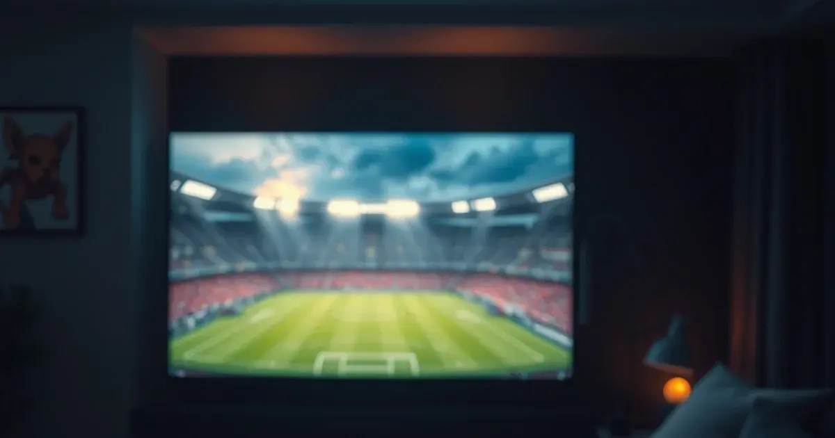 A dark living room at dusk with a large television glowing softly, showing a football stadium field, a streaming remote resting nearby.