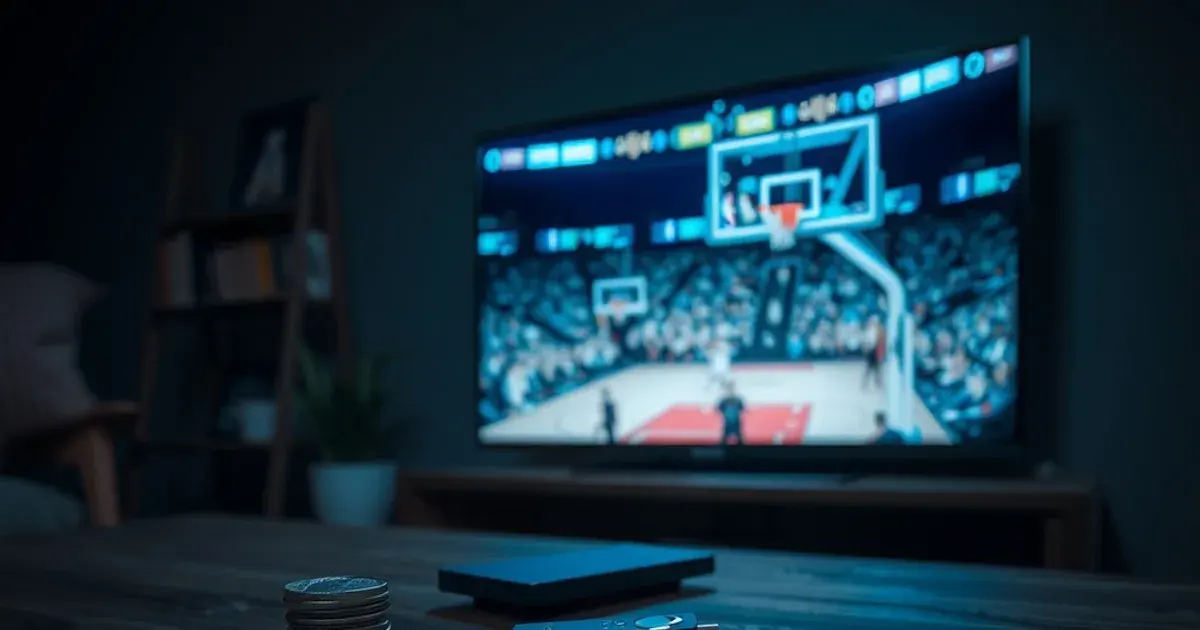A dark living room scene at night with a TV glowing blue from a live basketball broadcast, a stack of coins and a streaming device on the table in front, evoking the hidden real cost of IPTV