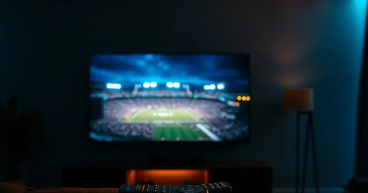 Dark living room lit by a wall-mounted TV streaming a floodlit football stadium at night, a remote control resting on the armrest.